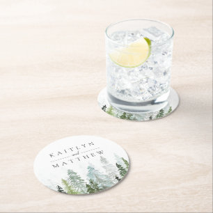 The Watercolor Pine Tree Forest Wedding Collection Round Paper Coaster