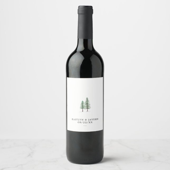 The Watercolor Pine Tree Forest Wedding Collection Wine Label (Front)