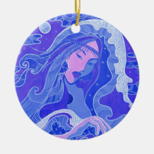 The Wave, Mermaid, Asian Girl, blue & pink Ceramic Tree Decoration
