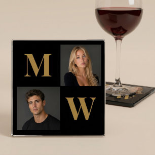 The Way We Are Custom Couple Photo Monogram Black Glass Coaster