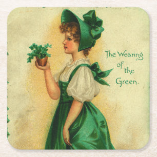 "The Wearing of the Green" vintage card, 1907 Square Paper Coaster