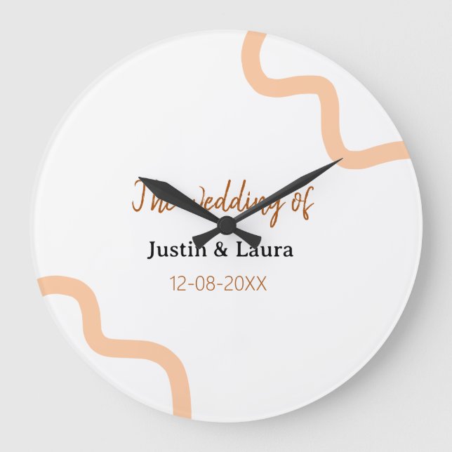 The wedding of add bride groom name date peach large clock (Front)