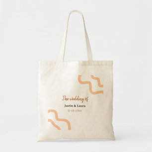 The wedding of add bride groom name date peach tote bag