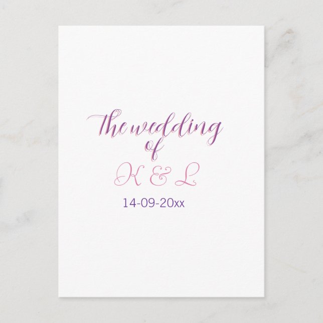 The wedding of add couple name initial letter date postcard (Front)