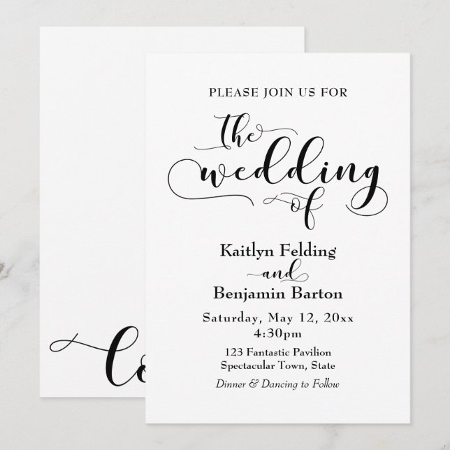 "The Wedding Of" Black Typography, Simple, Elegant Invitation (Front/Back)