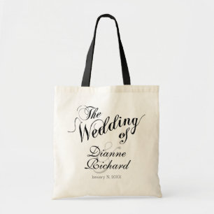 the wedding of... (custom names) black tote bag