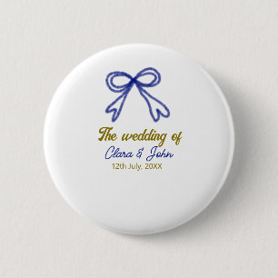 The wedding of gold navy blue bow couple name  6 cm round badge