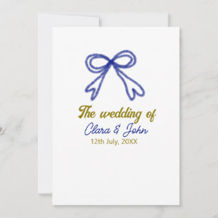 The wedding of gold navy blue bow couple name invitation