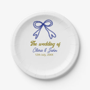The wedding of gold navy blue bow couple name paper plate