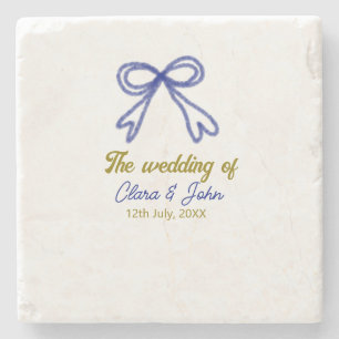 The wedding of gold navy blue bow couple name  stone coaster