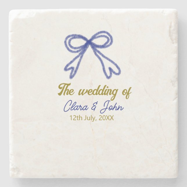 The wedding of gold navy blue bow couple name  stone coaster (Front)