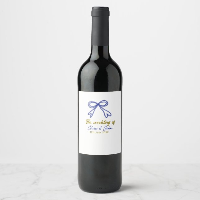 The wedding of gold navy blue bow couple name  wine label (Front)