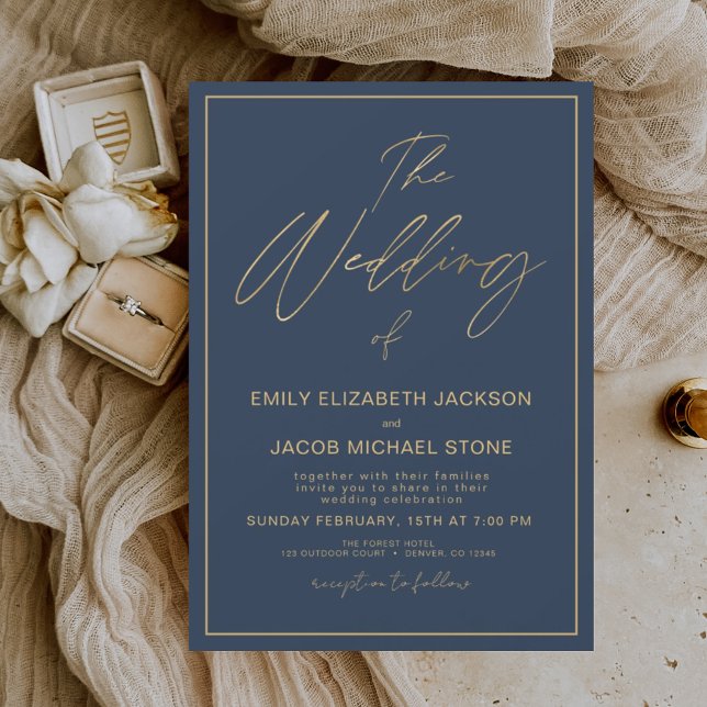 The Wedding of Gold Navy Blue Elegant Typography Invitation (Creator Uploaded)