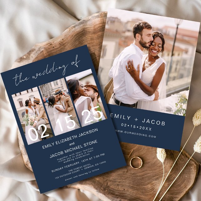 The Wedding of Navy Blue Photo Collage Simple Invitation (Creator Uploaded)
