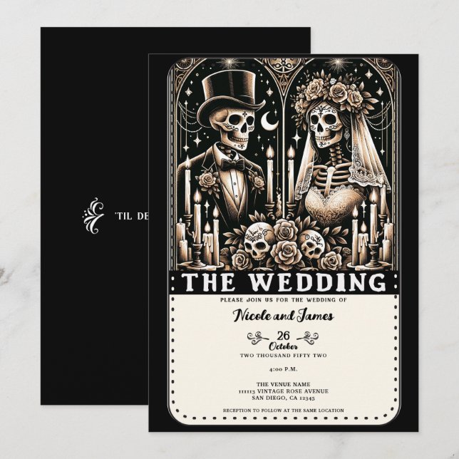 THE WEDDING Tarot Skeletons Bride & Groom  Invitation (Front/Back)