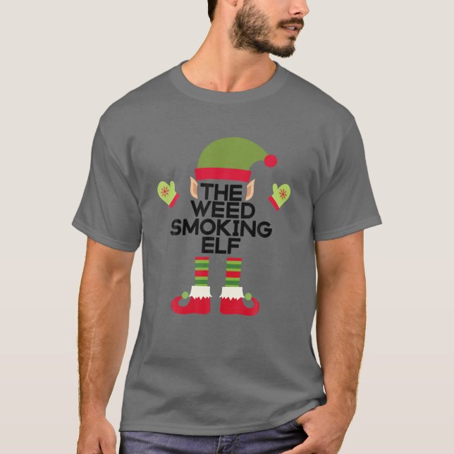 The Weed Smoking Elf Funny Edibles Christmas Party T-Shirt (Front)