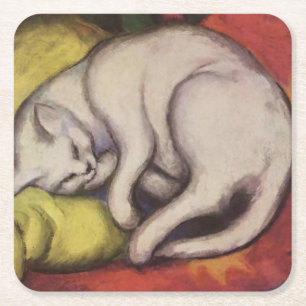 “The White Cat” by Franz Marc Square Paper Coaster