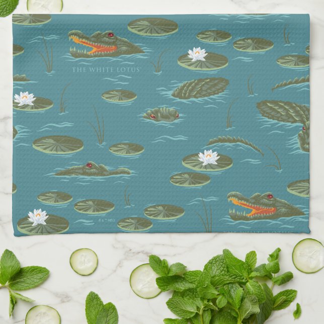 The White Lotus Alligator Waters Pattern Tea Towel (Folded)