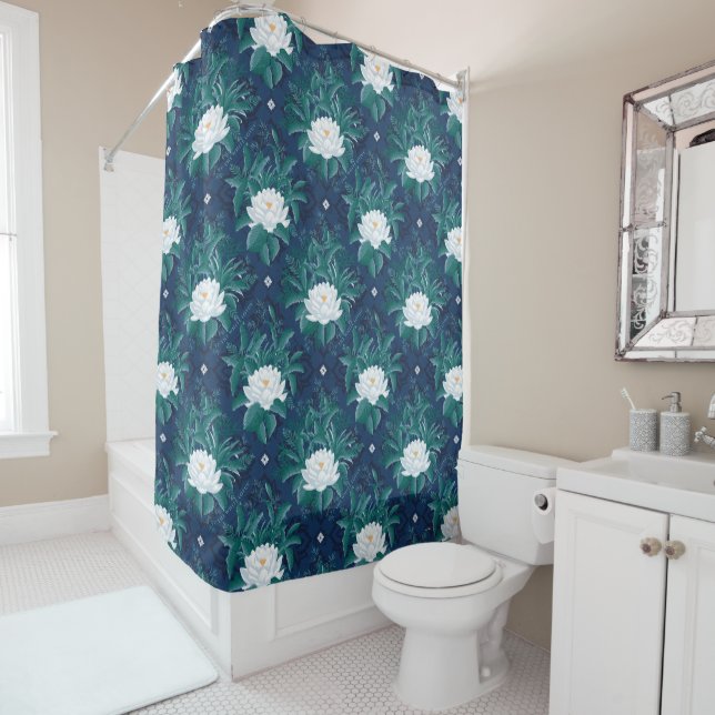 The White Lotus Midnight Lotus Pattern Shower Curtain (In Situ)