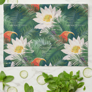 The White Lotus Tropical Birds & Lotus Pattern Tea Towel
