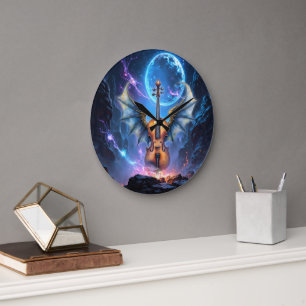 The Winged Violin of Moonlit Realms Large Clock