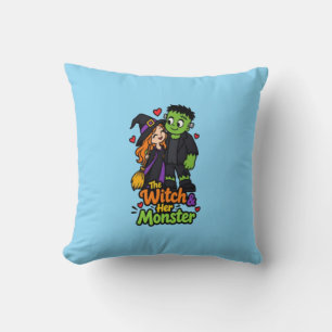 The Witch and Her Monster Cute Halloween Couple T- Cushion