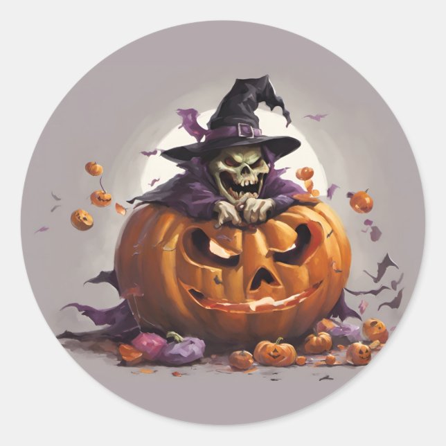 The witch and the pumpkin classic round sticker (Front)