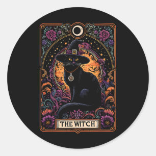 The Witch Cat Tarot Card Halloween Vintage Gothic Classic Round Sticker
