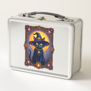The Witch Cat Tarot Card Halloween Vintage Gothic Metal Lunch Box