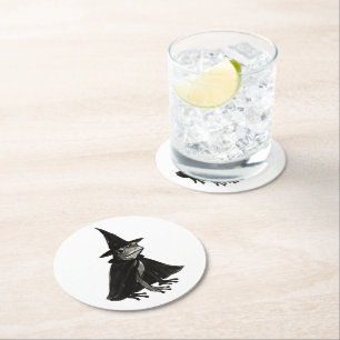 The Witch Frog – Ink Brush Halloween Design on Round Paper Coaster