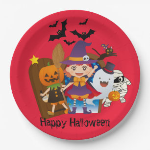 The Witch,Ghost,Pumpkin,And The Mummy Halloween Paper Plate