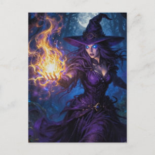 The witch in the forest doing fire spells postcard