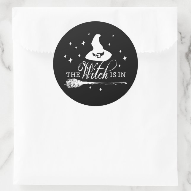 The Witch Is In, Black Halloween Witch Themed Classic Round Sticker (Bag)