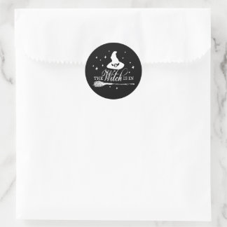 The Witch Is In, Black Halloween Witch Themed Classic Round Sticker