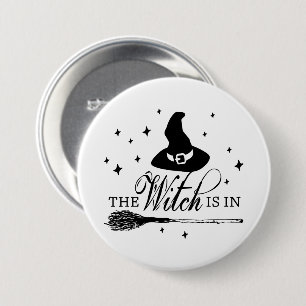 The Witch Is In Halloween Witch Hat & Broomstick 7.5 Cm Round Badge