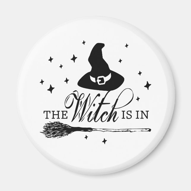 The Witch Is In, Halloween Witch Hat & Broomstick Magnet (Front)