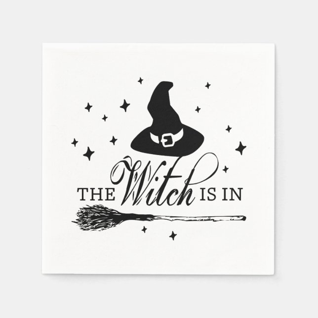 The Witch Is In | Halloween Witch Hat & Broomstick Napkin (Front)