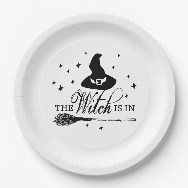 The Witch Is In | Halloween Witch Hat & Broomstick Paper Plate (Front)
