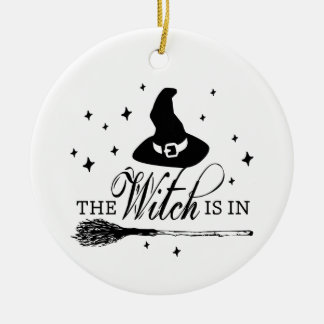 The Witch Is In with Hat & Broomstick Halloween Ceramic Tree Decoration