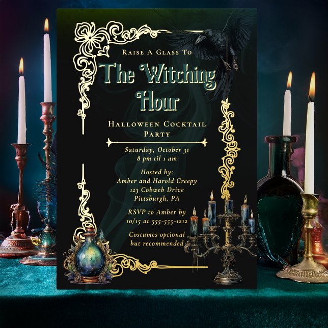 The Witching Hour Elegant Halloween Cocktail Party (Elegant Witching Hour Halloween cocktail party foil invitation with gothic raven)