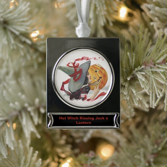The Witch's Kiss: a Jack o Lantern on Halloween Silver Plated Banner Ornament (Tree)