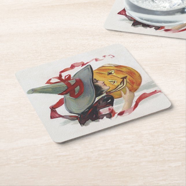 The Witch's Kiss: a Jack o Lantern on Halloween Square Paper Coaster (Angled)