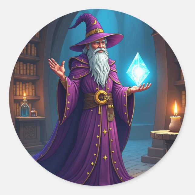 The Wizard Consults His Magic Crystal Classic Round Sticker (Front)