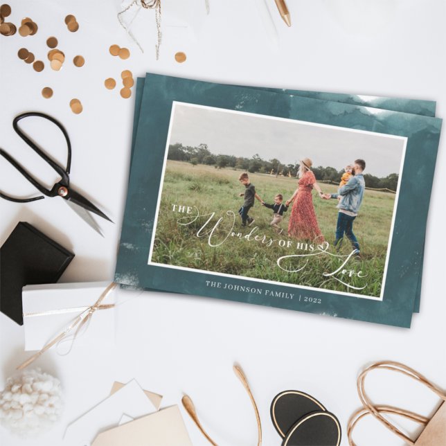 The Wonders of His Love Photo Teal Christmas Holiday Card (Creator Uploaded)