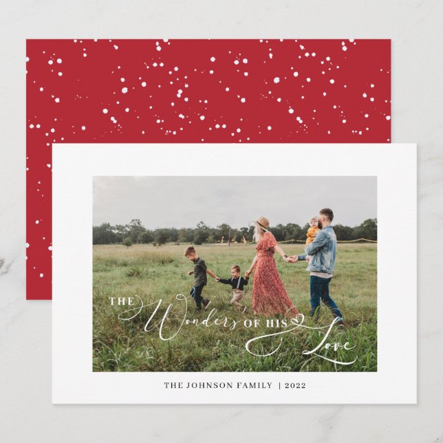 The Wonders of His Love Photo Typography Red Holiday Card (Front/Back)