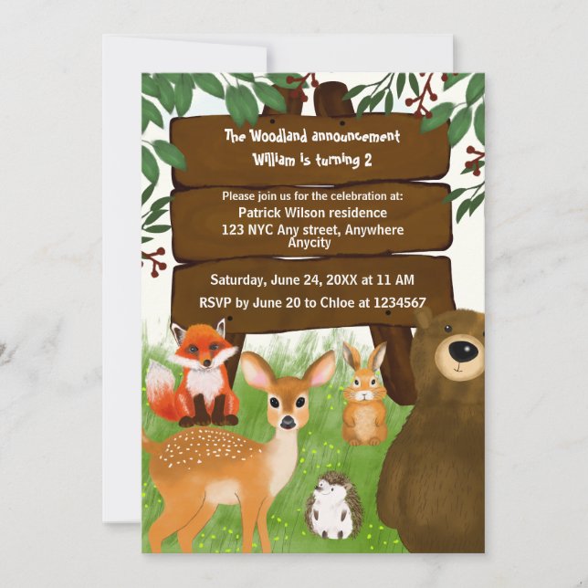 The Woodland Birthday Party Forest Animals Kids Invitation (Front)