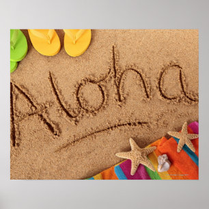 The word Aloha written on a sandy beach, with 2 Poster
