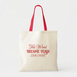 The Word Became Flesh Christmas Bible Verse Red Tote Bag