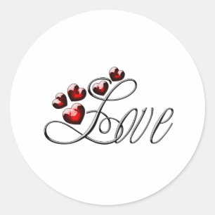 The word Love and red sparkling hearts calligraphy Classic Round Sticker