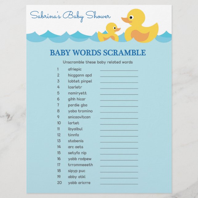 The Word Scramble Rubber Duck Baby Shower Game (Front)